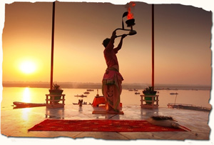 Varanasi, evening prayers (Aarti) on the ghats of Ganges, India